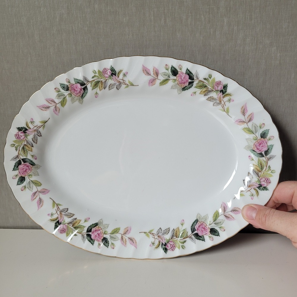 Creative Regency Rose 12" Oval Serving Platter Pink Floral Scalloped Gold‎ Rim
